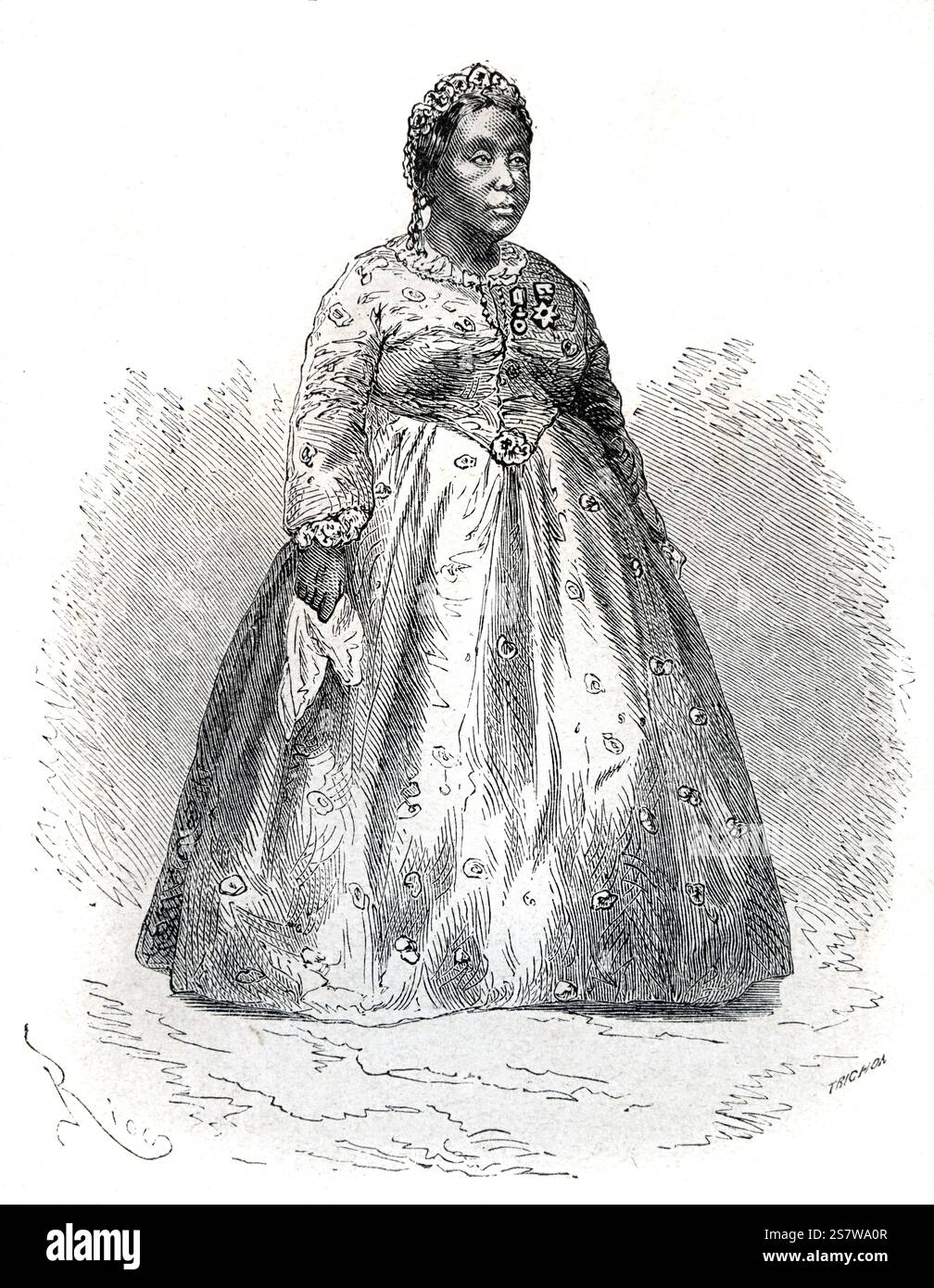 Standing Portrait von Juliette Fiche, auch bekannt als Prinzessin Juliette (um 1811–1889), zusammen mit Napoléon de Lastelle, Madagaskar. Vintage oder historische Gravur oder Illustration 1864 Stockfoto