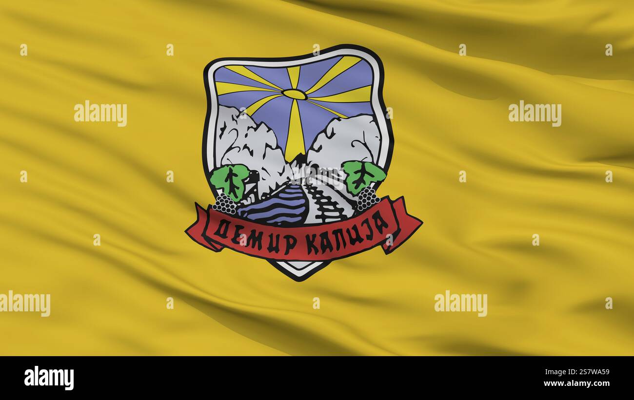 Stadtflagge der Stadt Demir Kapija, Land Mazedonien, Großansicht, 3D-Rendering Stockfoto