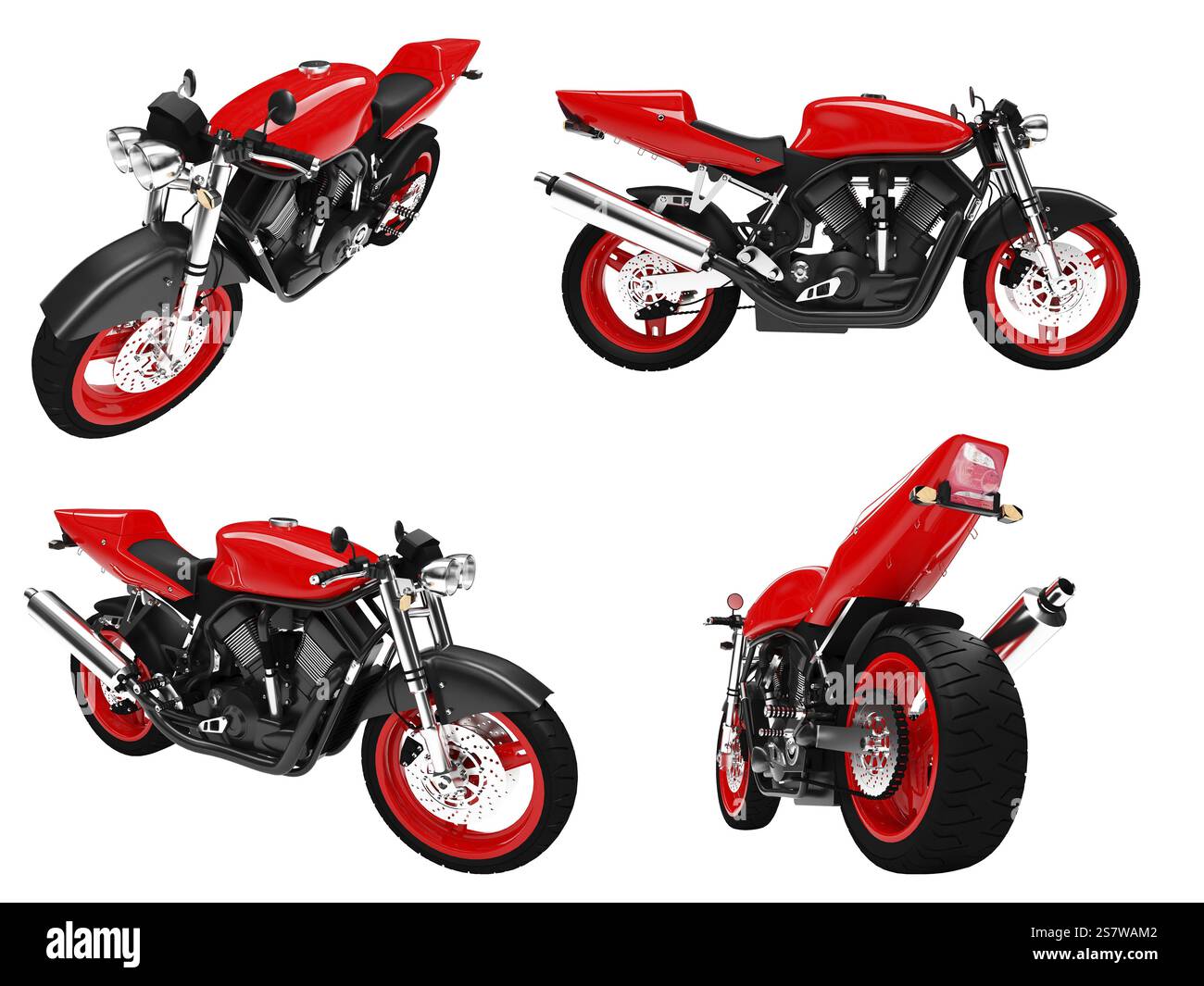 Isolierte Sammlung von Motorrädern auf weißem Hintergrund Stockfoto