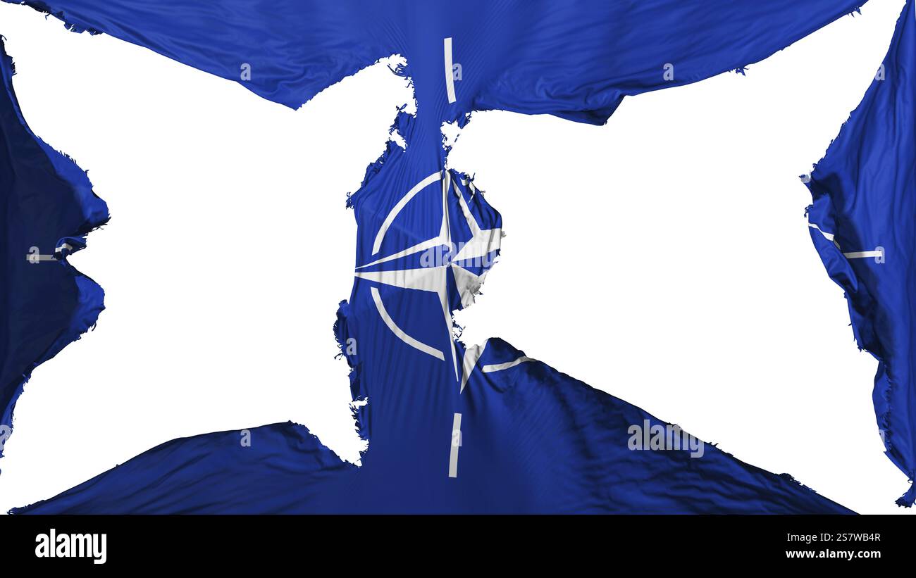 Zerstört North Atlantic Treaty Organisation Flagge, weißer Hintergrund, 3D-Rendering Stockfoto
