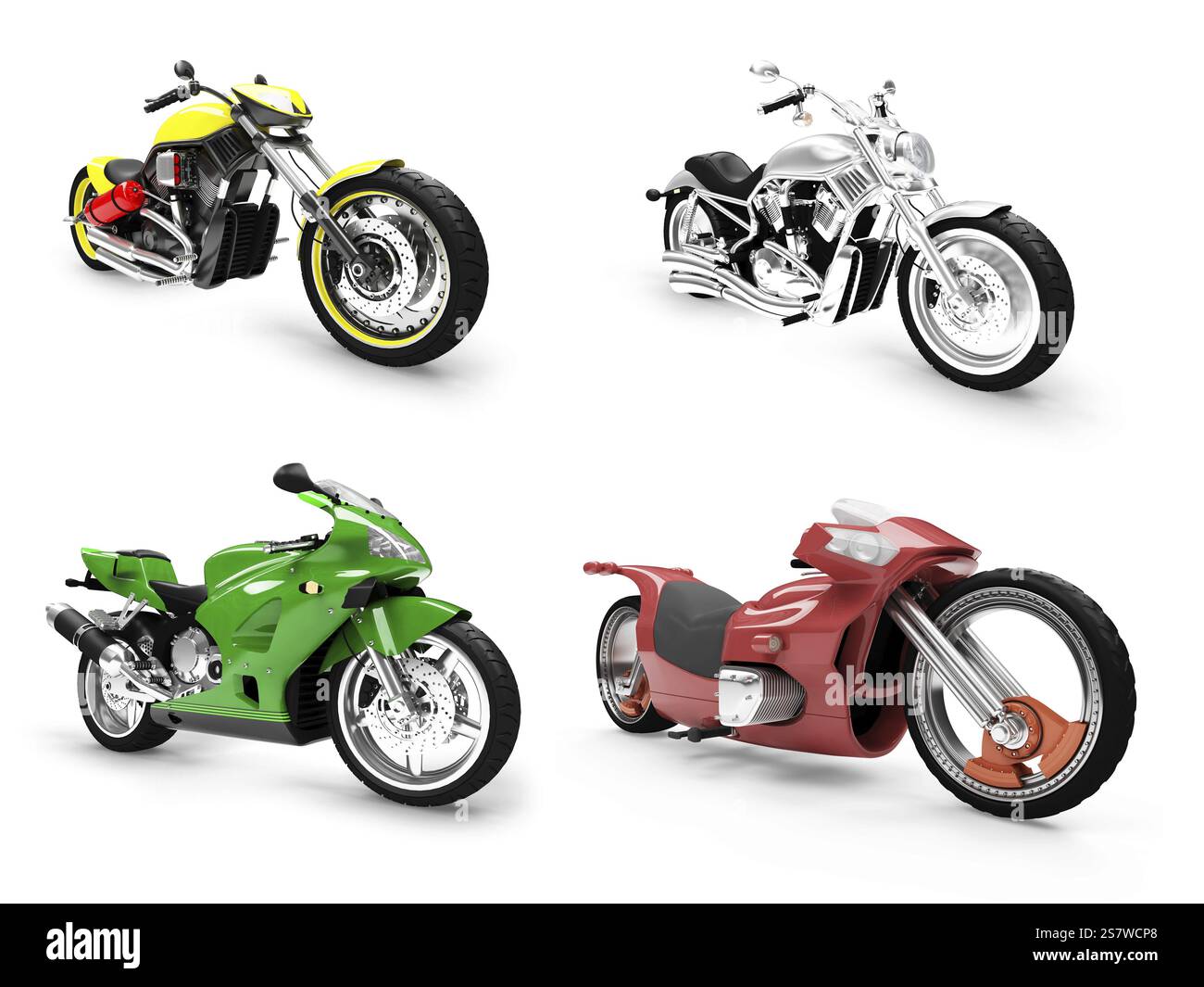 Isolierte Sammlung von Motorrädern auf weißem Hintergrund Stockfoto