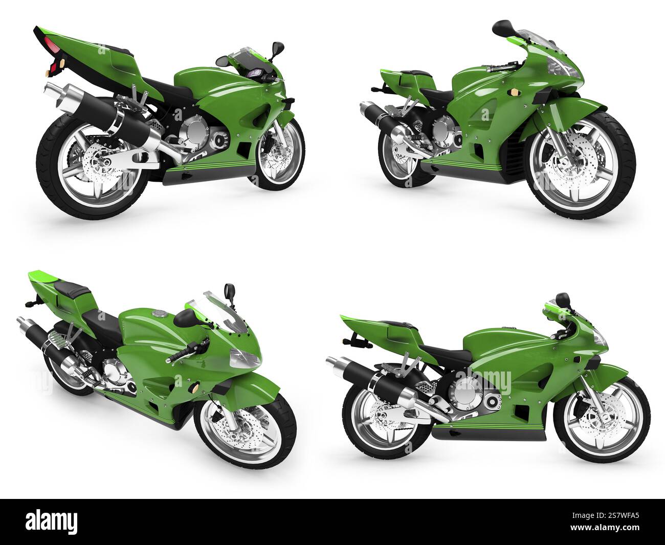 Isolierte Sammlung von Motorrädern auf weißem Hintergrund Stockfoto