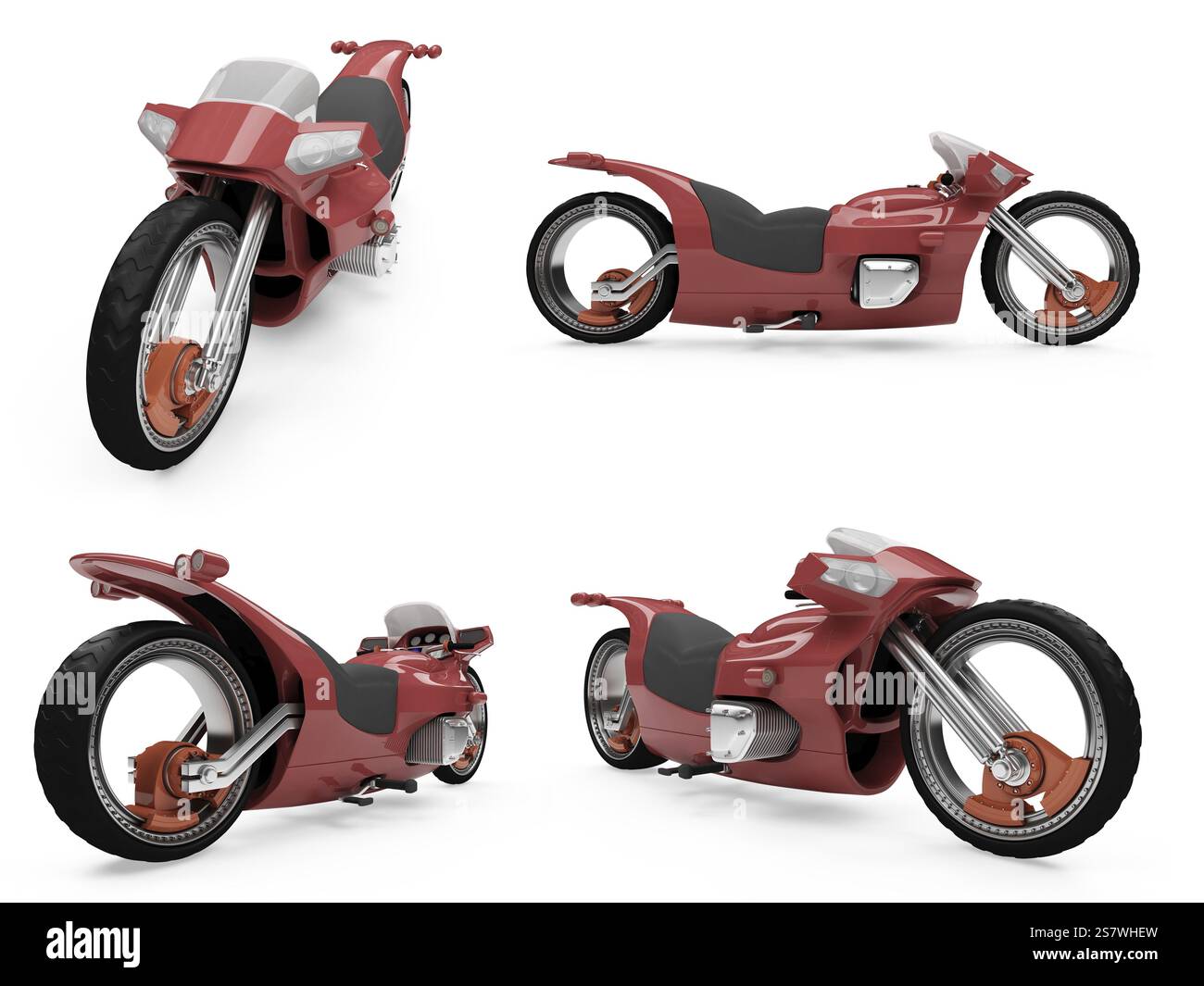 Isolierte Sammlung von Motorrädern auf weißem Hintergrund Stockfoto