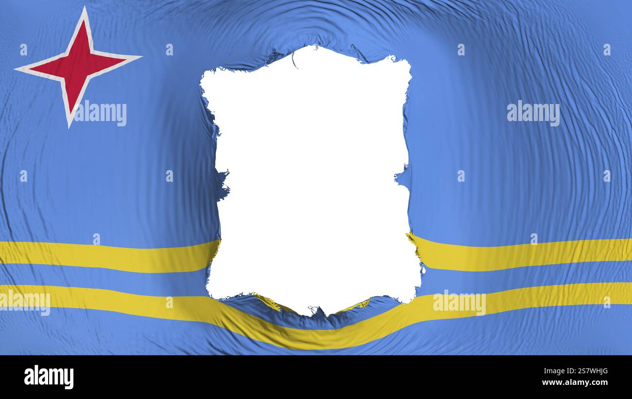 Quadratisches Loch in der Aruba-Flagge, weißer Hintergrund, 3D-Rendering Stockfoto