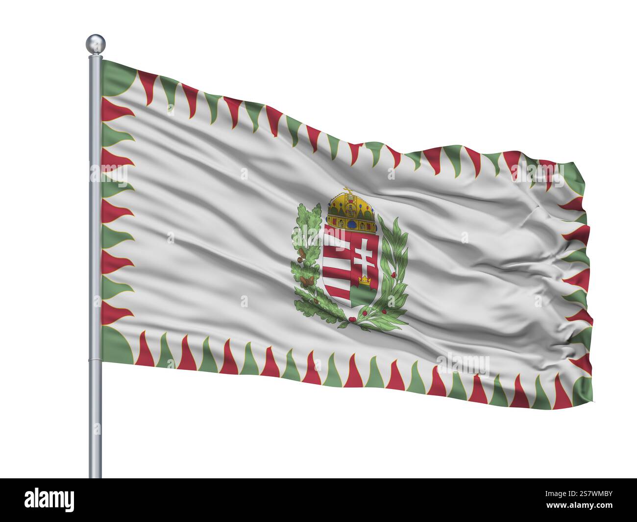 Ungarn Kriegsflagge Auf Fahnenmast, Isoliert Auf Weißem Hintergrund Stockfoto