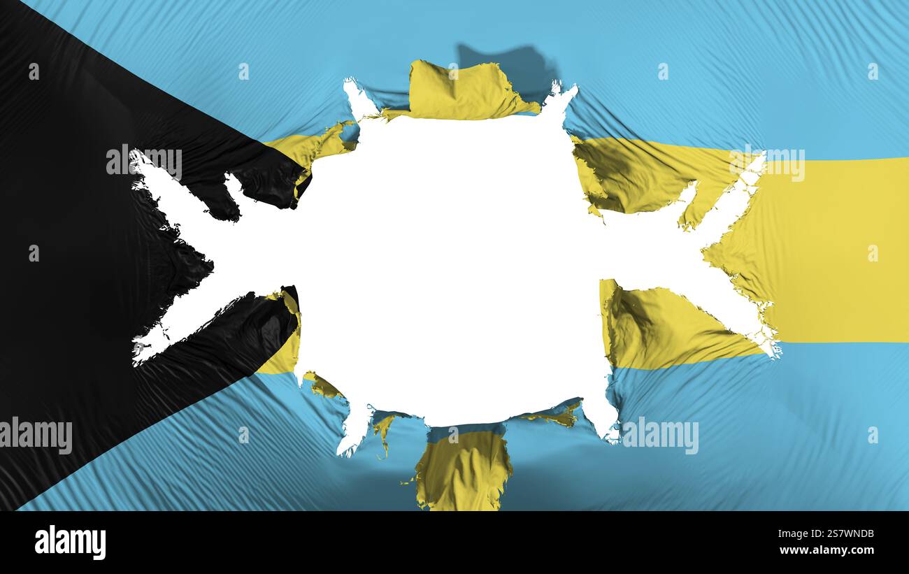 Bahamas Flagge mit einem großen Loch, weißer Hintergrund, 3D-Rendering Stockfoto