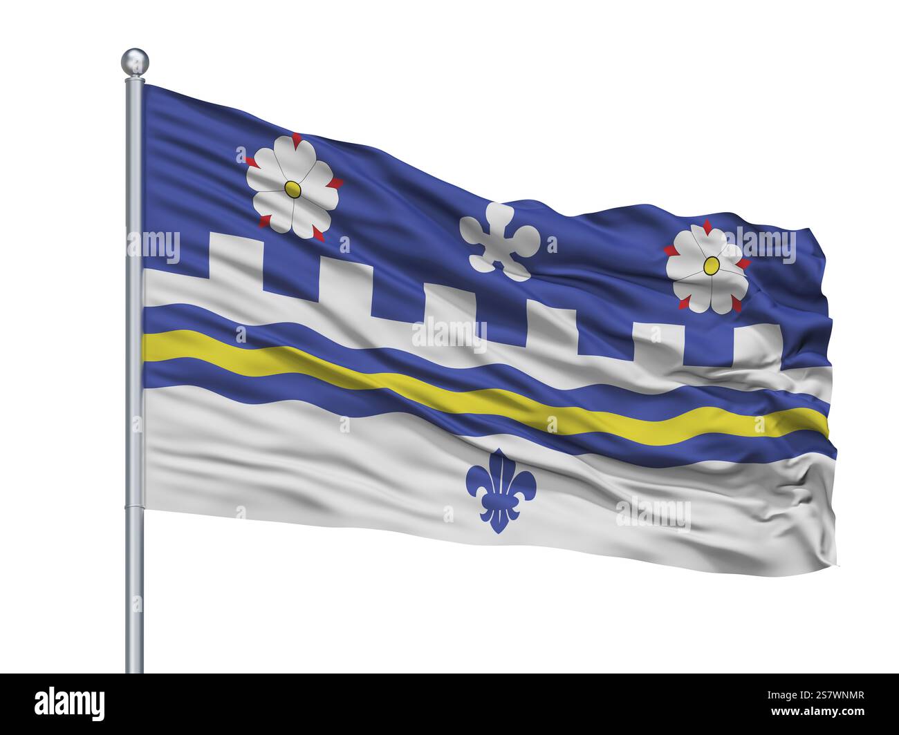 Coquitlam City Flag am Fahnenmast, Land Kanada, Provinz British Columbia, isoliert auf weißem Hintergrund, 3D-Rendering Stockfoto