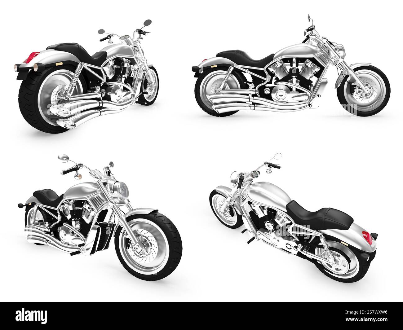 Isolierte Sammlung von Motorrädern auf weißem Hintergrund Stockfoto