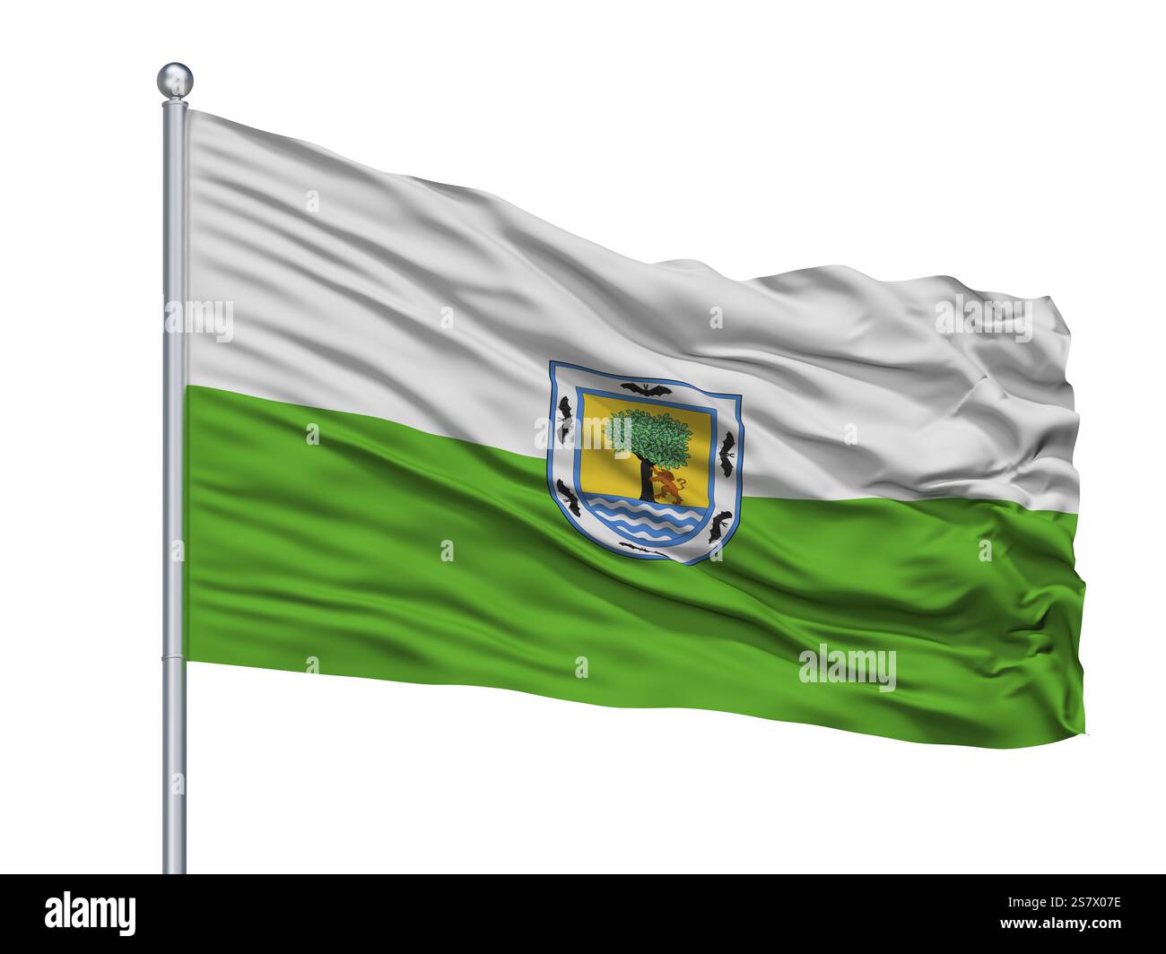 Santa Fe de Antioquia Stadtflagge am Fahnenmast, Land Kolumbien, Abteilung Antioquia, isoliert auf weißem Hintergrund, 3D-Rendering Stockfoto