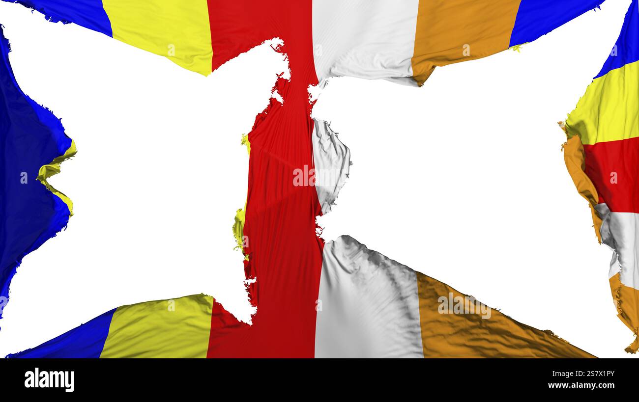 Zerstört buddhistische Flagge, weißer Hintergrund, 3D-Rendering Stockfoto