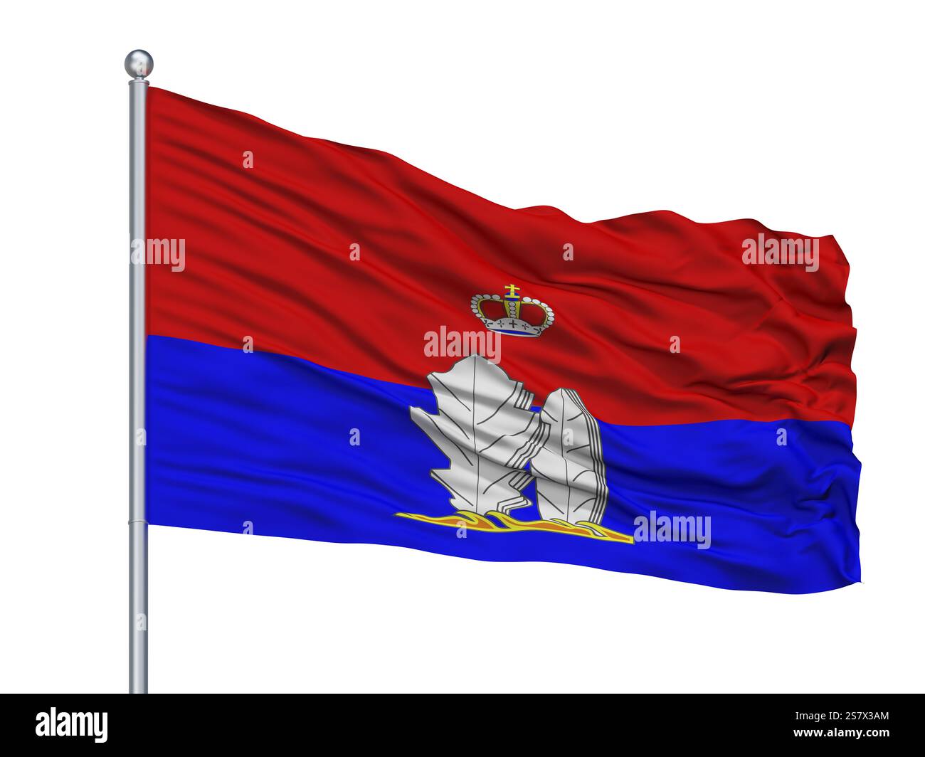 Ufa Stadt Fahne Fahnenmast, Land Russland, isoliert auf weißem Hintergrund Stockfoto