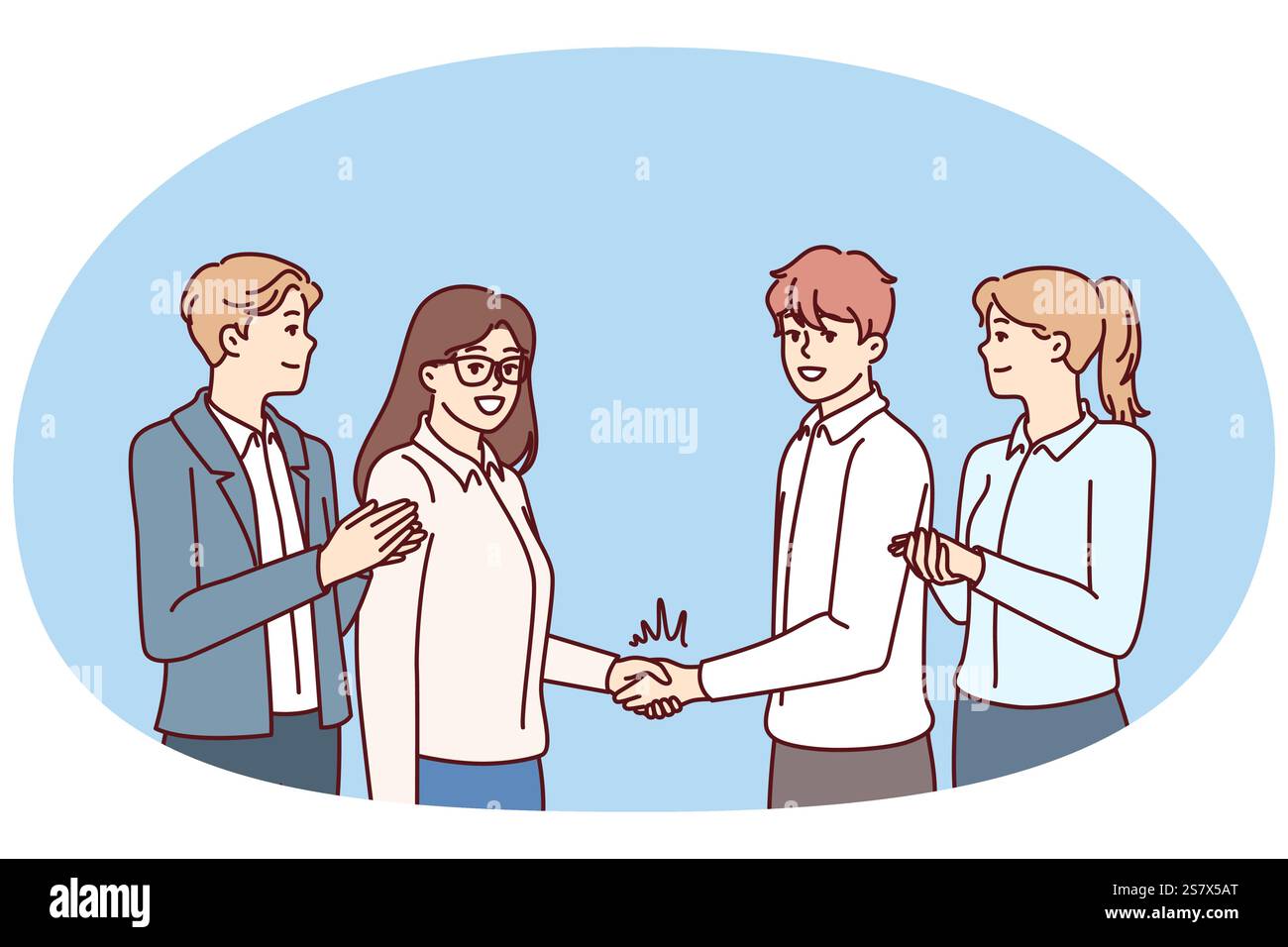 Team-Mitarbeiter und Manager-Mitarbeiter müssen sich mit dem besten Mitarbeiterunternehmen einen Handschlag geben, um Mitarbeiter zur Steigerung der Produktivität zu motivieren. Erfolgreiches Business-Team, das sich über gemeinsame Errungenschaften freut und sich die Hände schüttelt Stock Vektor