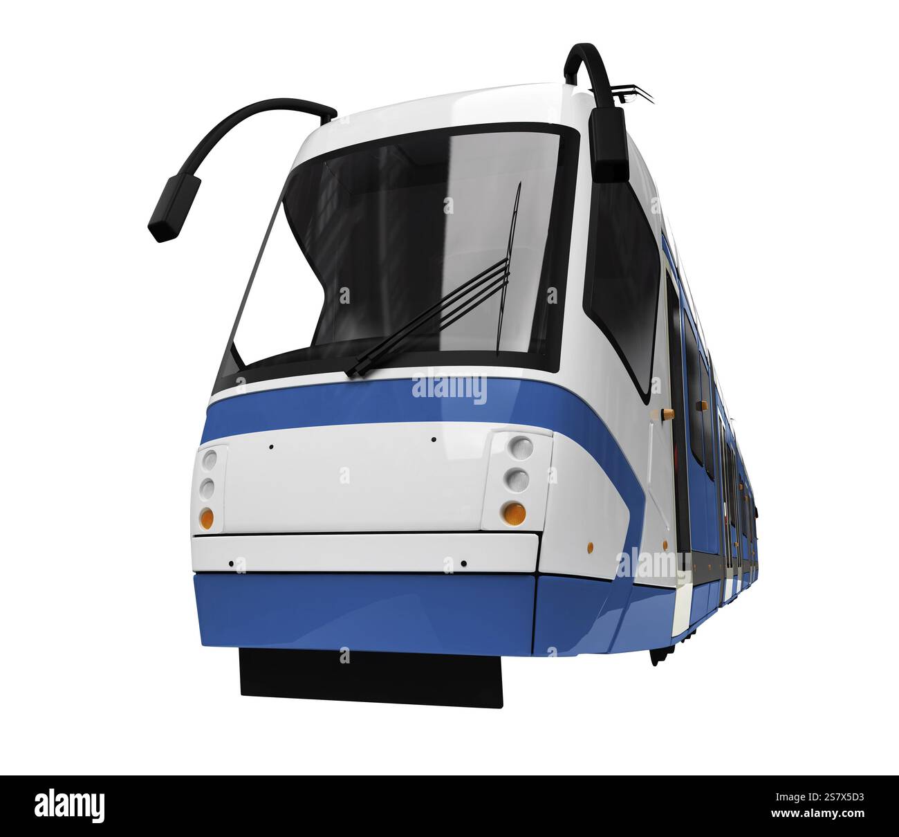 Isolierte lange Straßenbahn auf weißem Hintergrund Stockfoto