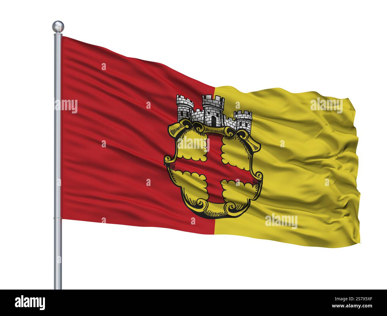 Eupen City Flag am Fahnenmast, Land Belgien, isoliert auf weißem Hintergrund, 3D-Rendering Stockfoto