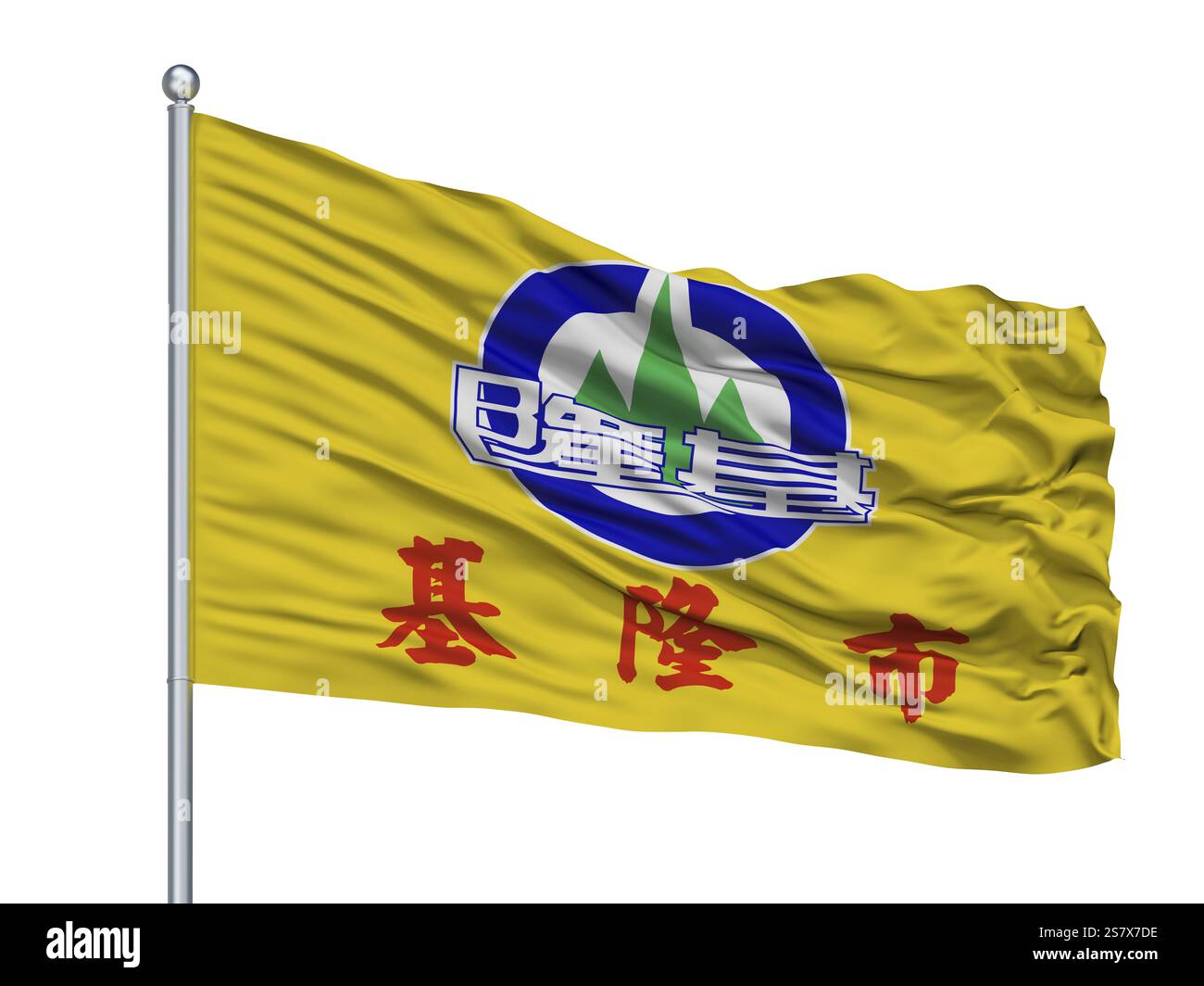 Keelung City Flag auf Fahnenmast, Land China, isoliert auf weißem Hintergrund, 3D-Rendering Stockfoto