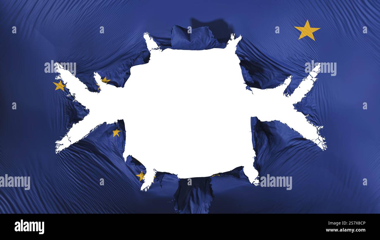 Alaska-Staatsflagge mit einem großen Loch, weißem Hintergrund, 3D-Rendering Stockfoto