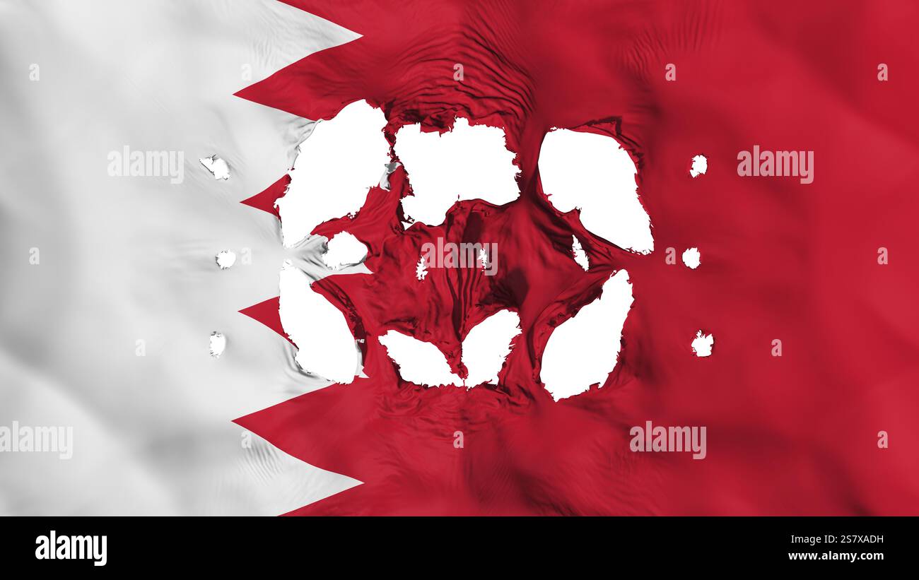 Löcher in Bahrain-Flagge, weißer Hintergrund, 3D-Rendering Stockfoto