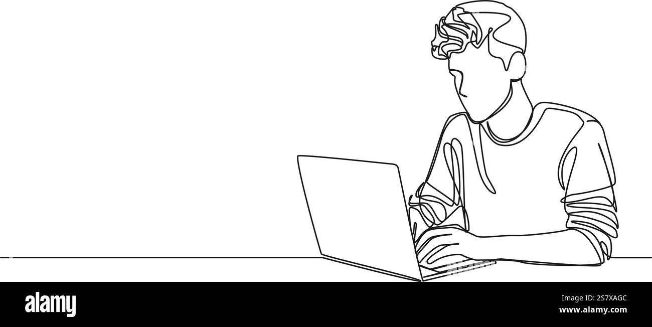 Durchgehende Linienzeichnung männlicher Schüler mit Laptop-Computer, Linienvektorillustration Stock Vektor