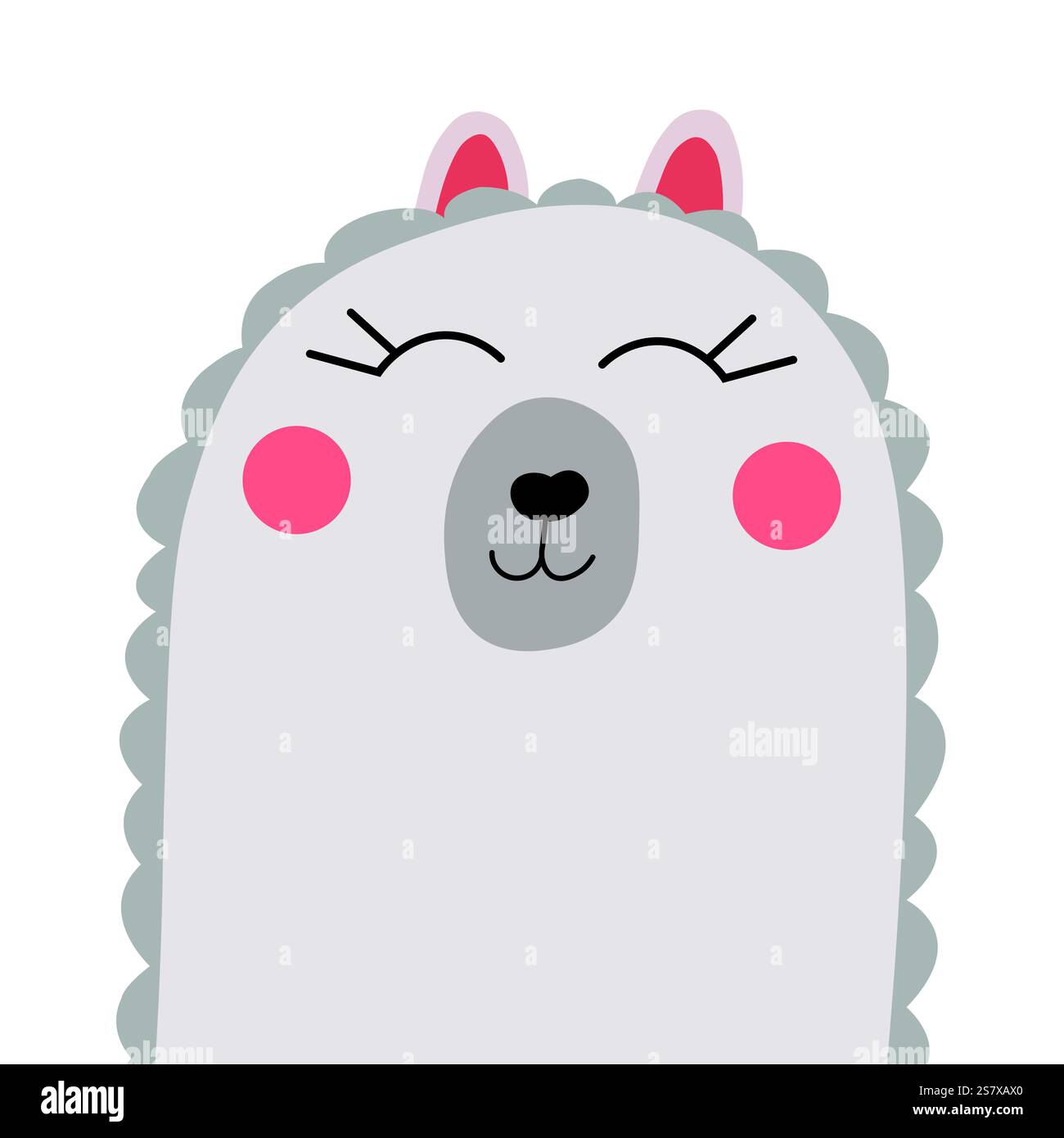 Niedliches Alpaka-Gesicht mit grauem Fell, rosa Wangen, geschlossenen Augen und kleinen Ohren, flacher Cartoon-Stil Stock Vektor