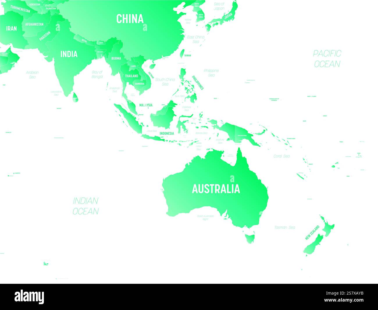 Australien und Südostasien - hoch detaillierte politische Karte der australischen und südöstlichen Asien Region mit Land-, Meer- und Meeresnamen Kennzeichnung. Stock Vektor