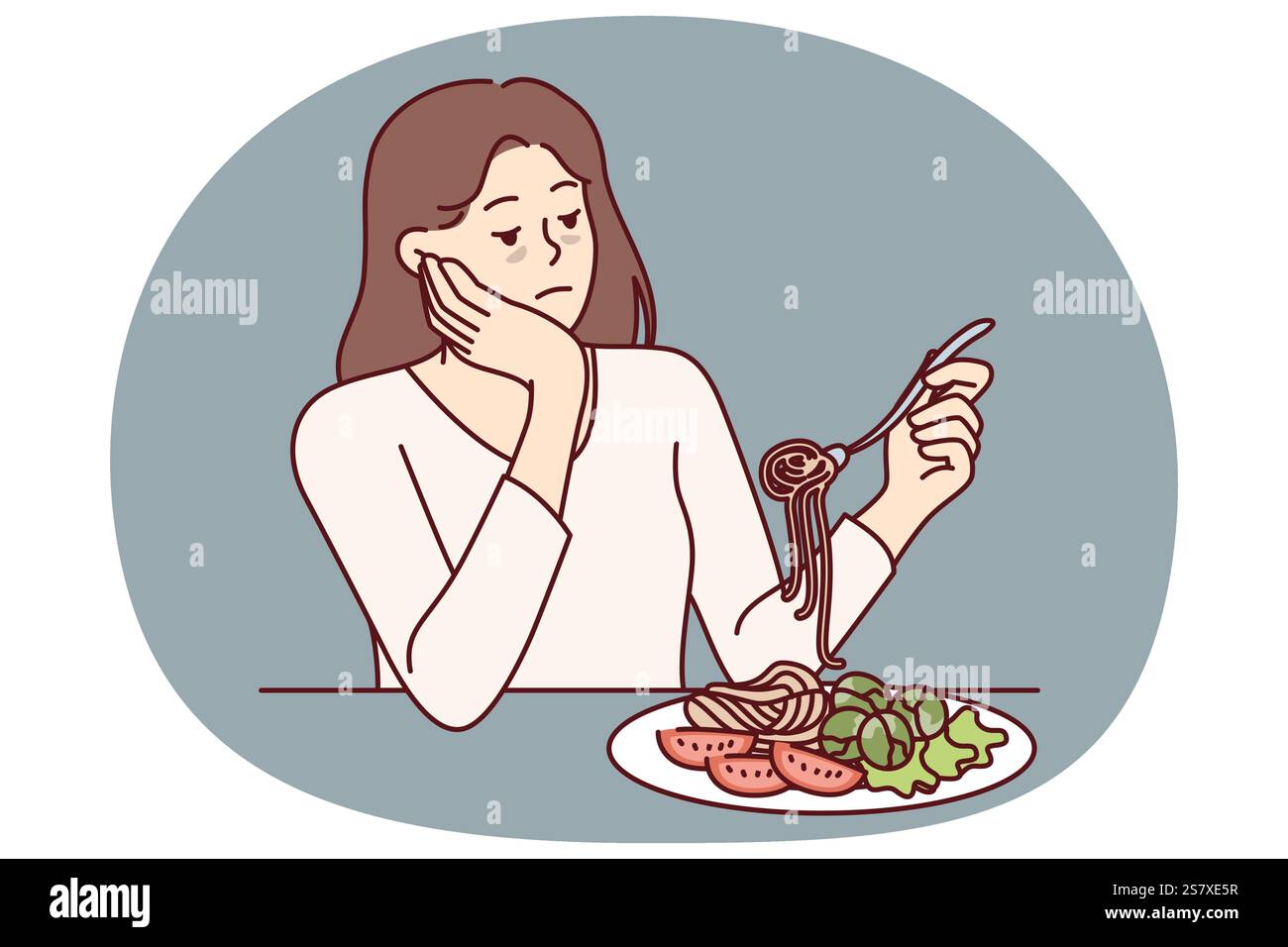 Eine Frau, die an Anorexie leidet, ist traurig, weil sie keinen Appetit hat und sitzt mit Spaghetti und Salat auf dem Teller. Dünnes Mädchen mit krankem Aussehen leidet an Magersucht nach falscher Ernährung Stock Vektor