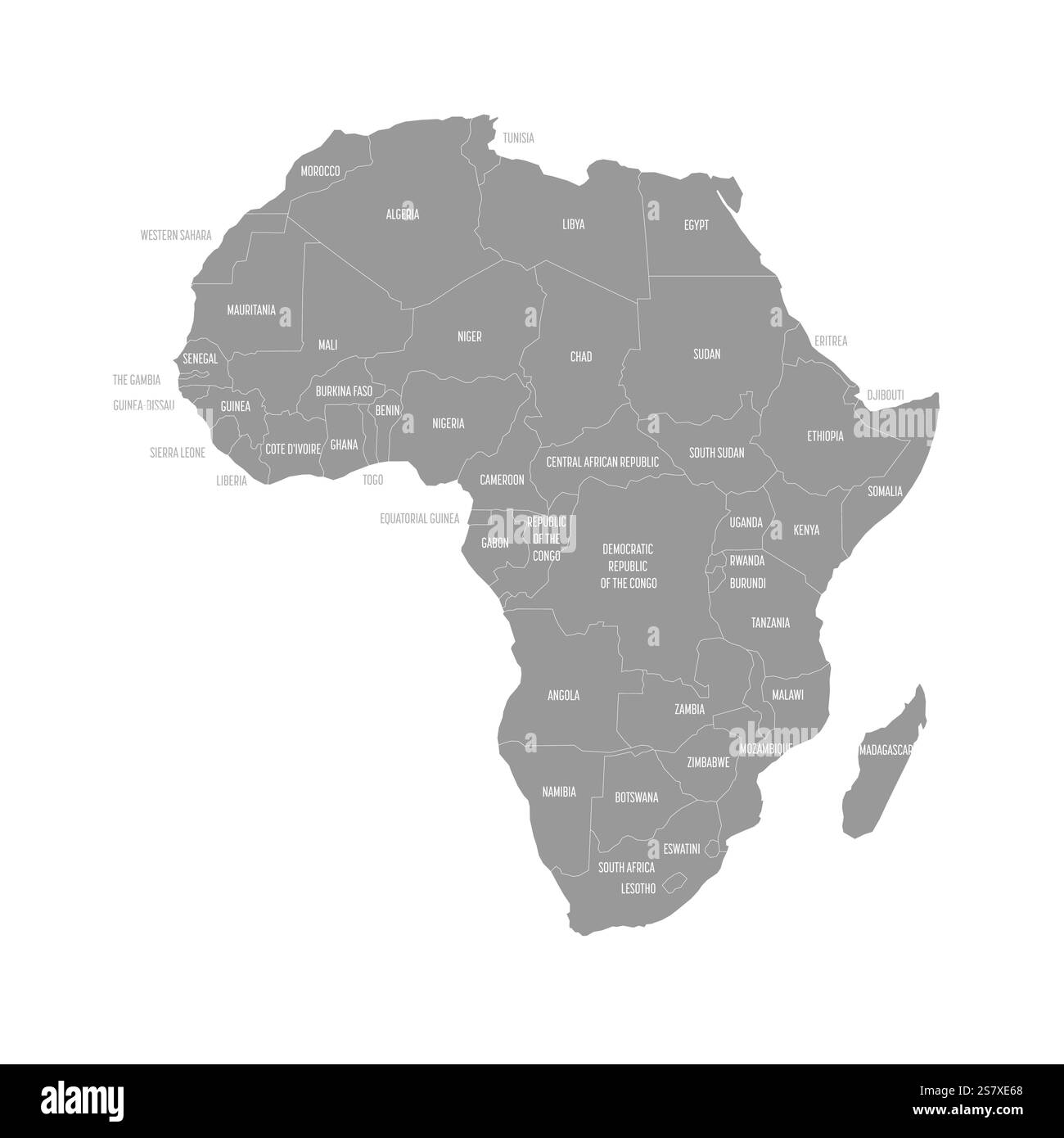 Detaillierte politische Karte mit Ländergrenzen in Afrika, einschließlich Ägypten, Nigeria, Kenia und Südafrika. Eine nützliche Referenz für Geographiestudien. Stock Vektor