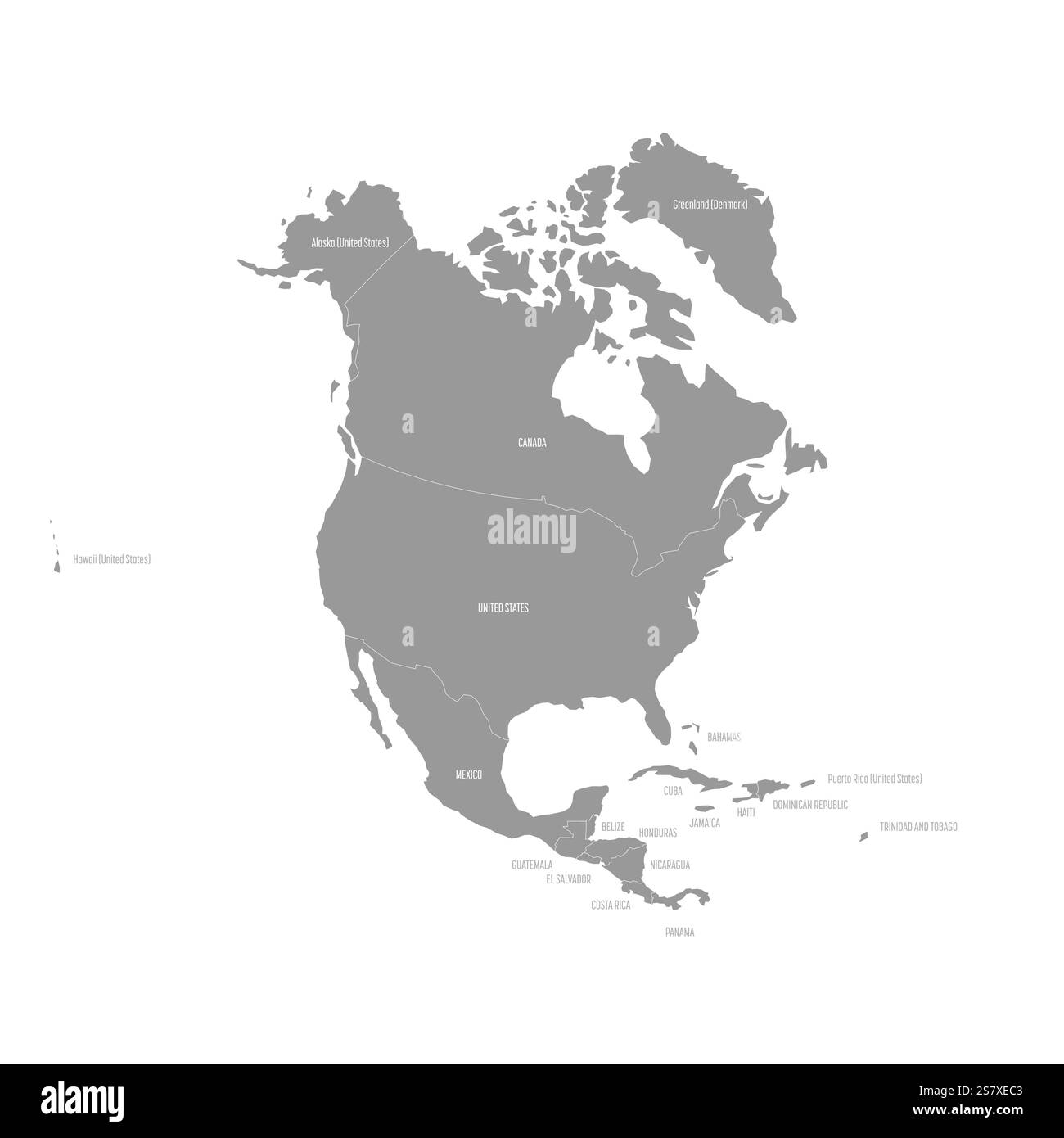 Detaillierte politische Karte mit Ländergrenzen in Nordamerika, einschließlich der Vereinigten Staaten, Kanada und Mexiko sowie der karibischen Staaten. Eine nützliche Referenz für Geographiestudien. Stock Vektor
