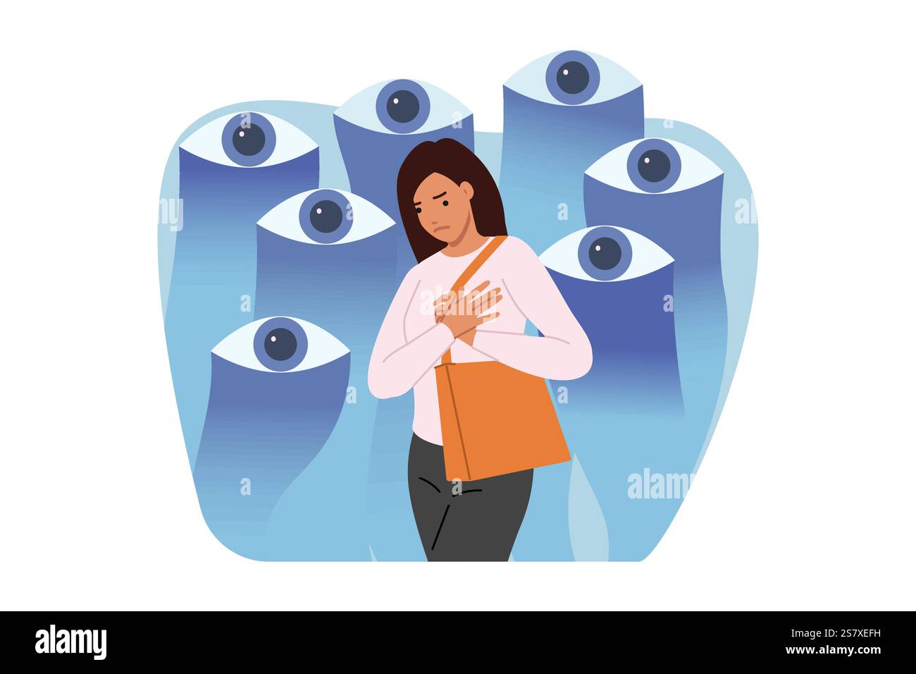 Die Frau fühlt die Überwachung der Gesellschaft, steht in der Nähe von riesigen Augen, die den persönlichen Raum verletzen Stock Vektor