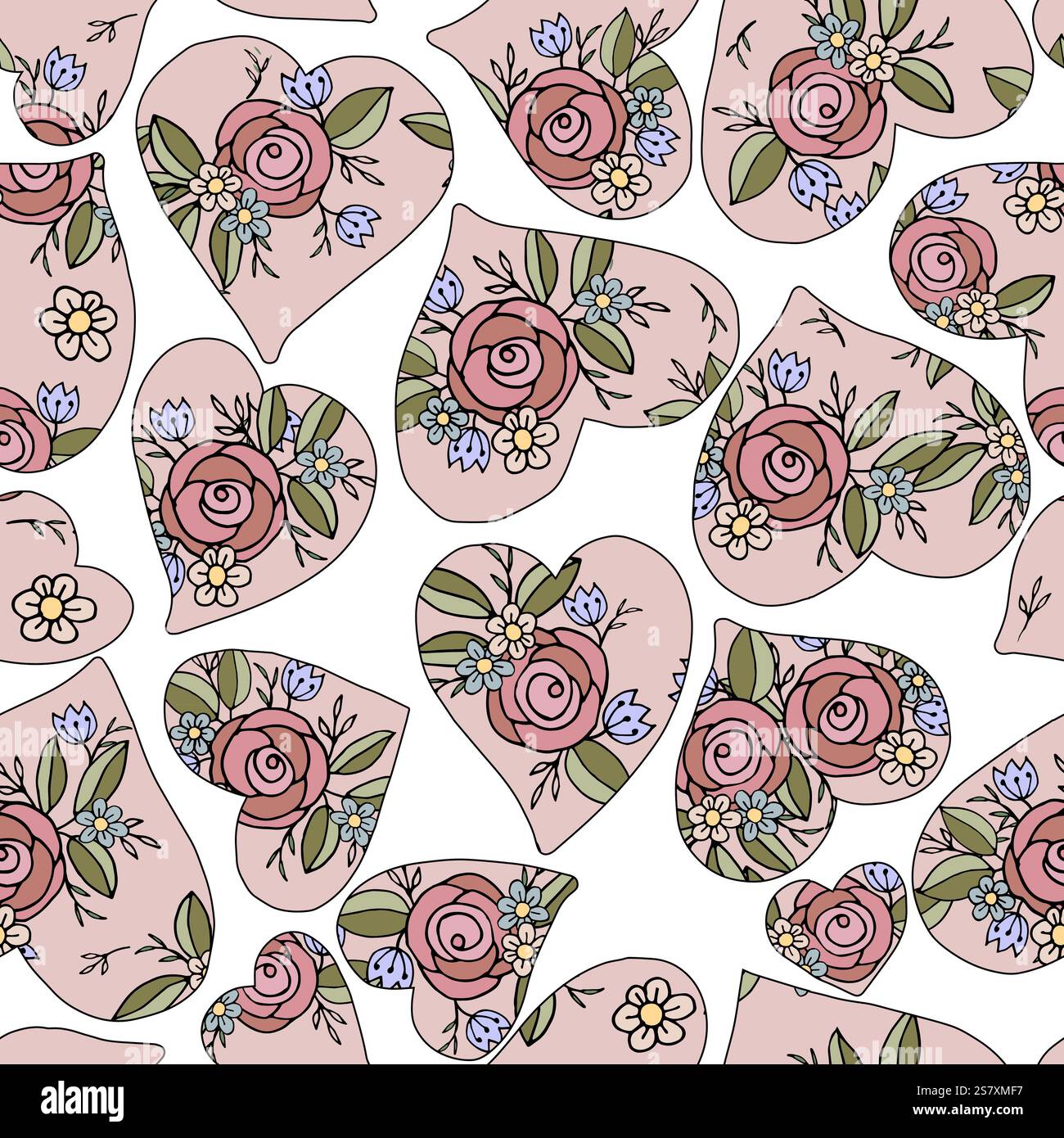 Nahtloses Vektormuster mit Herzformen mit rosa Rosen, blauen Blumen, gelben Gänseblümchen und grünen Blättern auf einem hellbeigen Hintergrund. Perfekt Stock Vektor