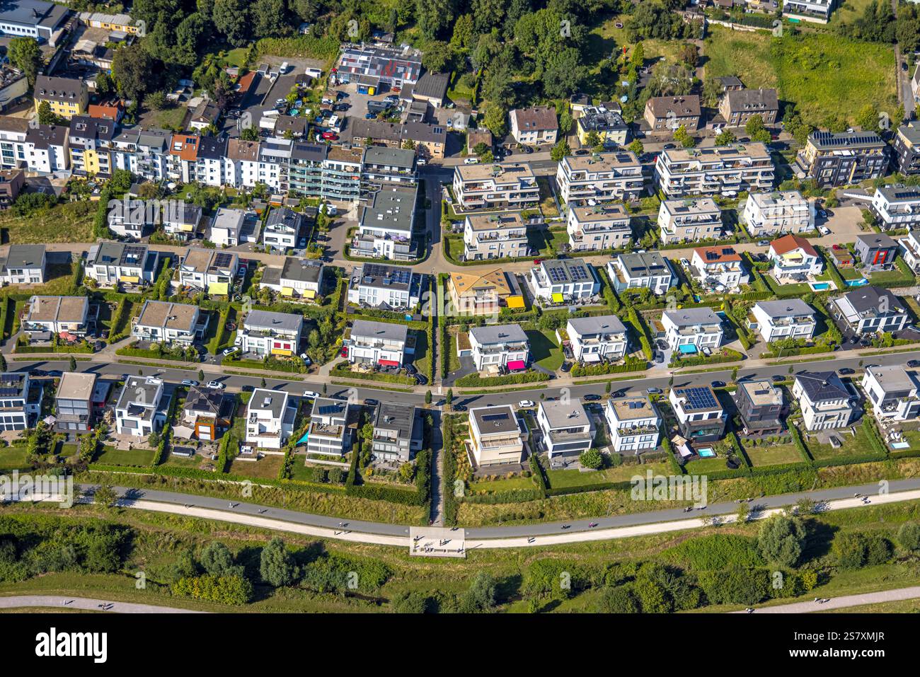 Luftaufnahme, Phoenix See Wohngebiet mit Einfamilienhäusern am See, Hörde, Dortmund, Ruhrgebiet, Nordrhein-Westfalen, Deutschland Stockfoto