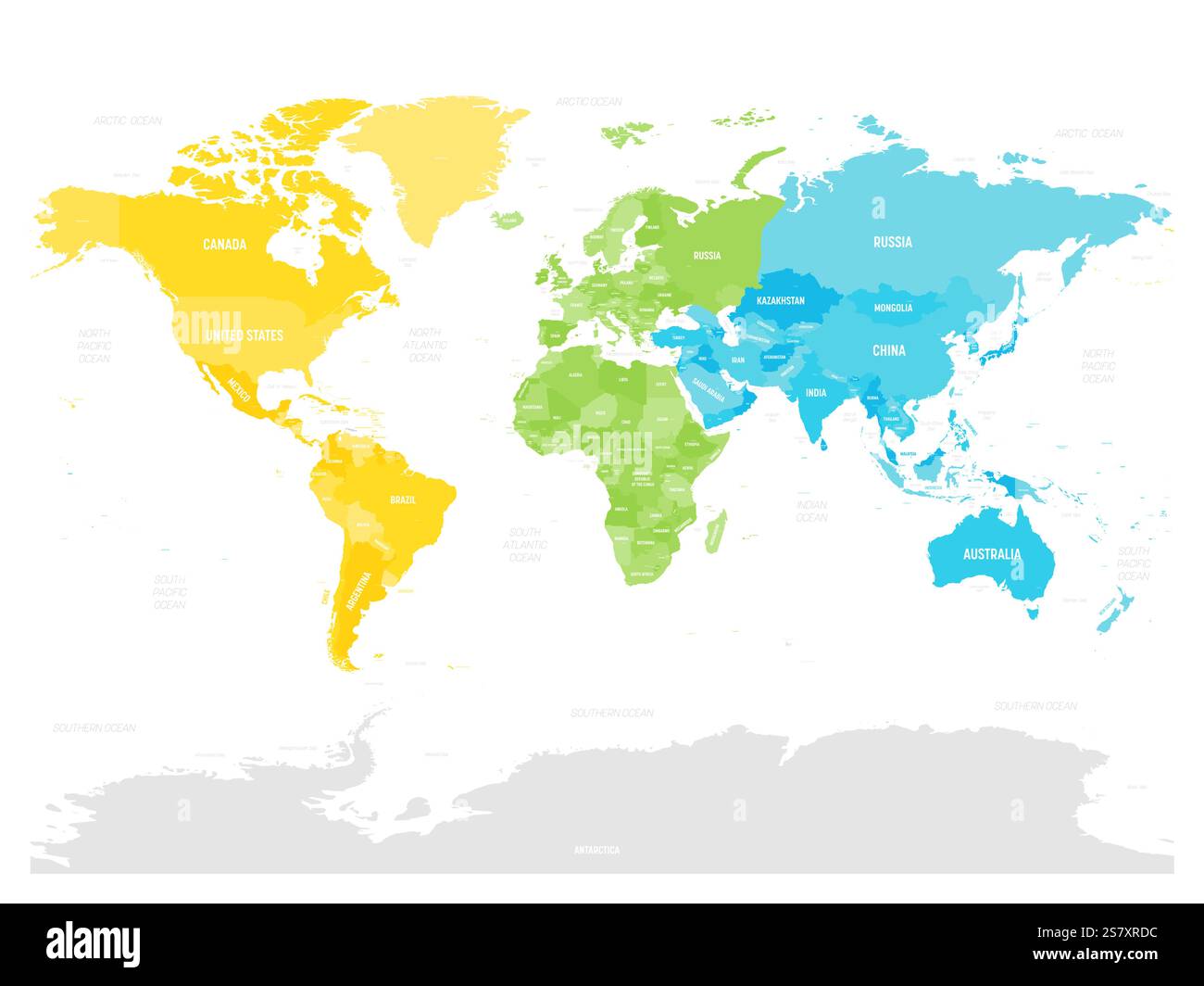 Diese Vektor-Illustration zeigt eine politische Karte der Welt und hebt Hauptstädte, regionale Grenzen und geografische Merkmale hervor, damit sie leicht nachvollziehen und studieren können. Stock Vektor