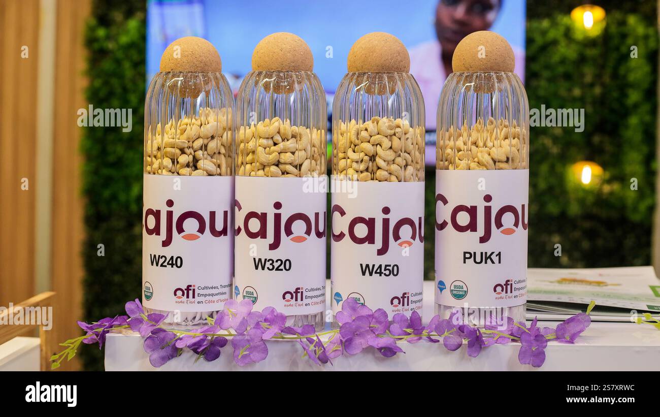 (250120) -- ABIDJAN, 20. Januar 2025 (Xinhua) -- dieses am 17. Januar 2025 aufgenommene Foto zeigt Cashewnussprodukte in der ersten Ausgabe des Nationalfeiertags der Baumwollproduzenten und Cashewproduzenten von Cote d'Ivoire, Abidjan, Cote d'Ivoire. Ziel der Veranstaltung war es, die Leistungen der nationalen Baumwolle- und Cashewerzeuger anzuerkennen und den Wert dieser beiden wichtigen Agrarsektoren für die Wirtschaft der Elfenbeinküste zu erhöhen. (Foto: Laurent Idibouo/Xinhua) Stockfoto
