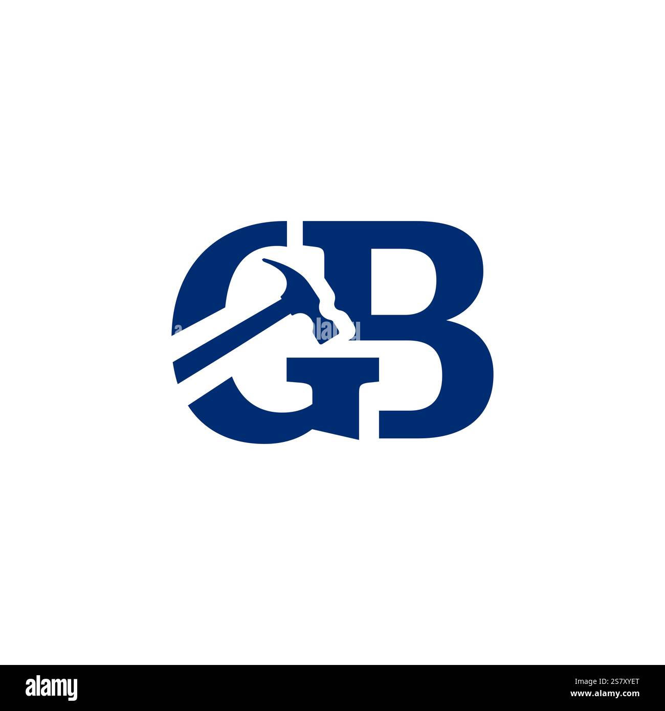 Ein stilvolles Logo-Design mit den Buchstaben „GB“, die kreativ in eine Hammergrafik integriert sind, alles in Blau vor einem schlichten weißen Hintergrund Stock Vektor