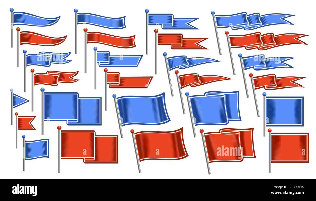 Vector Different Flag Set, Sammlung von ausgeschnittenen Illustrationen gekrümmte und gerade verschiedene dekorative Flaggen mit Kopierraum für Slogan, Gruppe von 27 va Stock Vektor