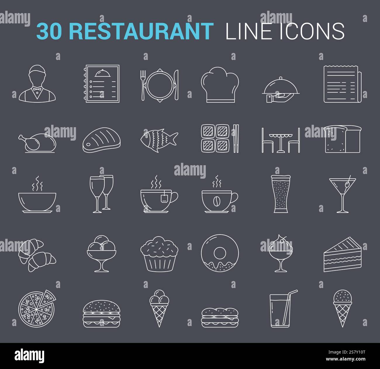 Restaurant und Café - Symbole mit 30 Zeilen, Vektorgrafik eps10 Stock Vektor