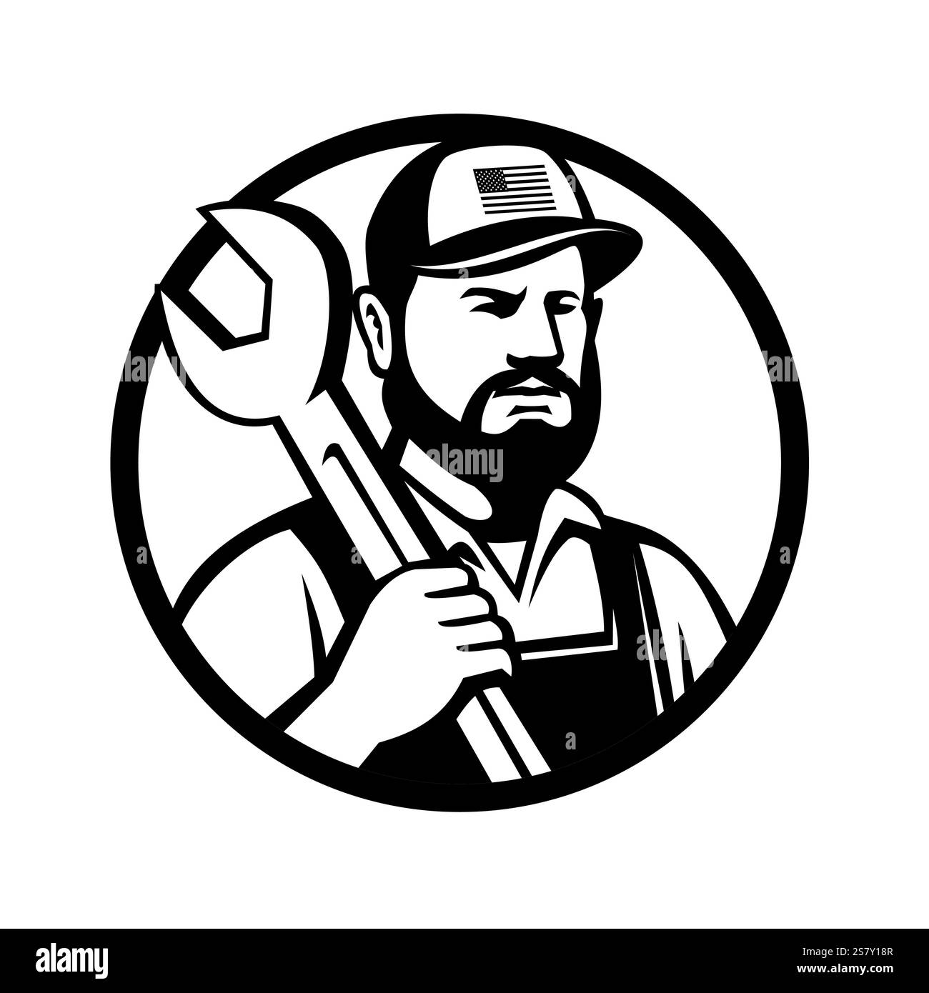 Maskottchen-Illustration eines amerikanischen bärtigen Hipster-Mechanikers mit Schlüssel oder Schlüssel mit Hut Baseballkappe von vorne gesehen, im Kreis auf IS Stock Vektor