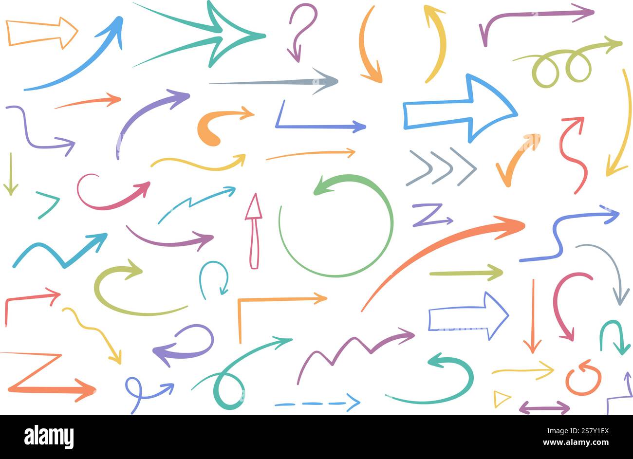 55 farbige handgezeichnete Pfeile auf weißem Hintergrund, Kritzelpfeile, Vektor-eps10-Illustration Stock Vektor
