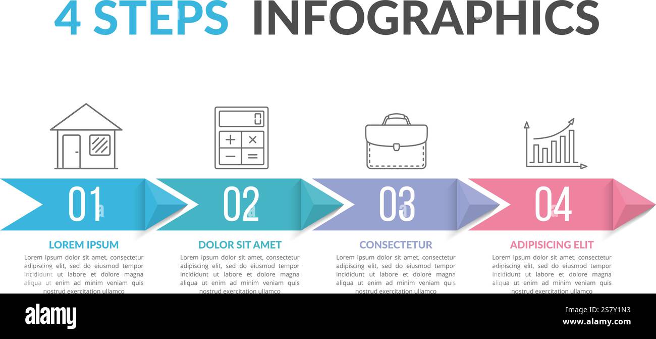 Infografik-Vorlage mit vier Schritten mit Pfeilen, Vektorgrafik eps10-Illustration Stock Vektor