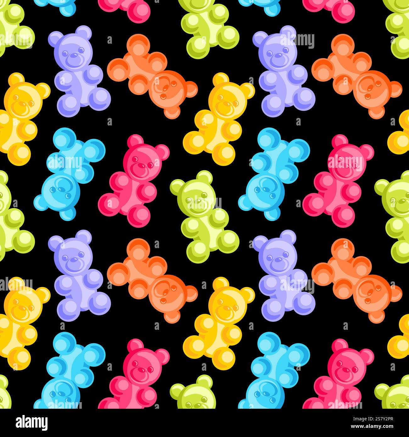 Ein entzückendes nahtloses Muster mit fröhlichen Gummibären in einer Vielzahl lebendiger Farben. Perfekt angeordnet, verleihen diese skurrilen Süßigkeiten einen verspielten Look Stock Vektor