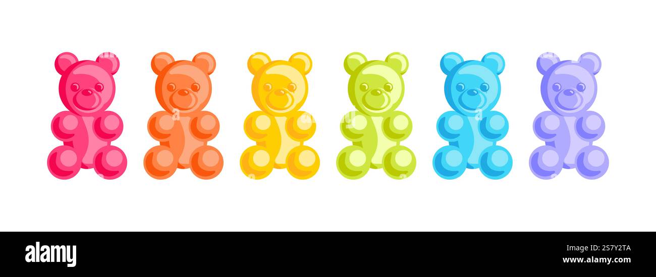 Gummibären in lustigen Styles, geformt wie niedliche Tiere. Diese lebendigen Gelatinesbonbons strotzen vor fruchtigen und beerenartigen Aromen und bieten eine köstliche sele Stock Vektor