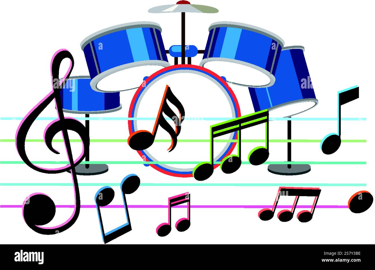 Farbenfrohe Noten und Trommeln auf einem Musikstab Stock Vektor
