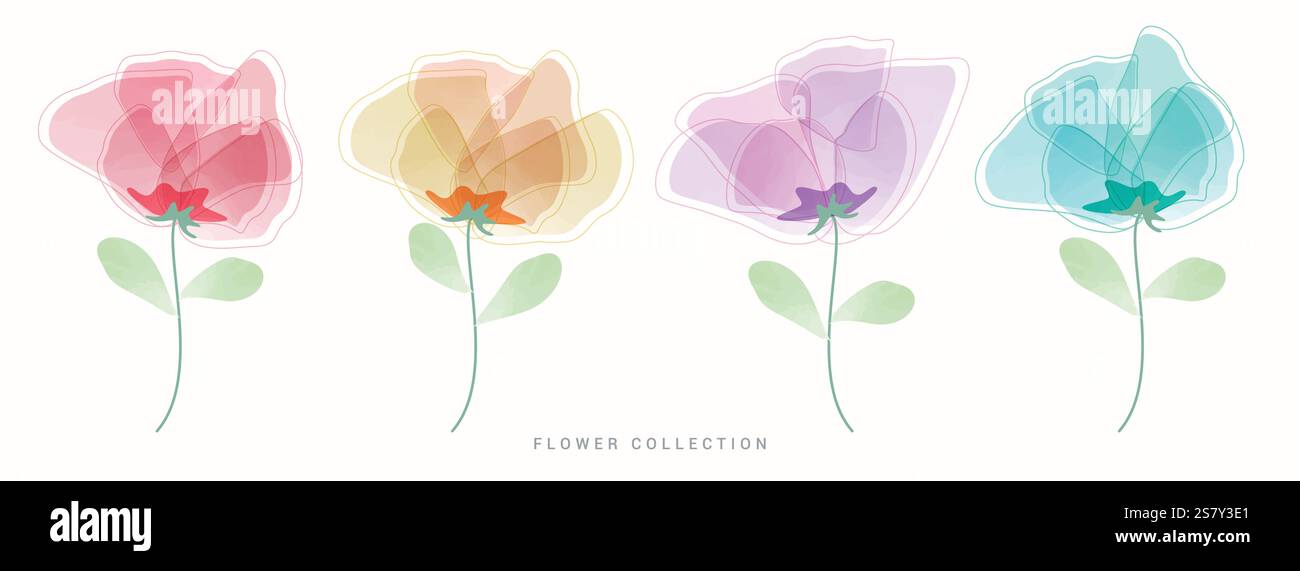 Clipart-Set mit Blumen und Wasserfarben. Frühlingsblume und Blätter in der farbenfrohen und mehrfarbigen Clip-Art-Kollektion für Grußkarten-Dekorationselemente Stock Vektor
