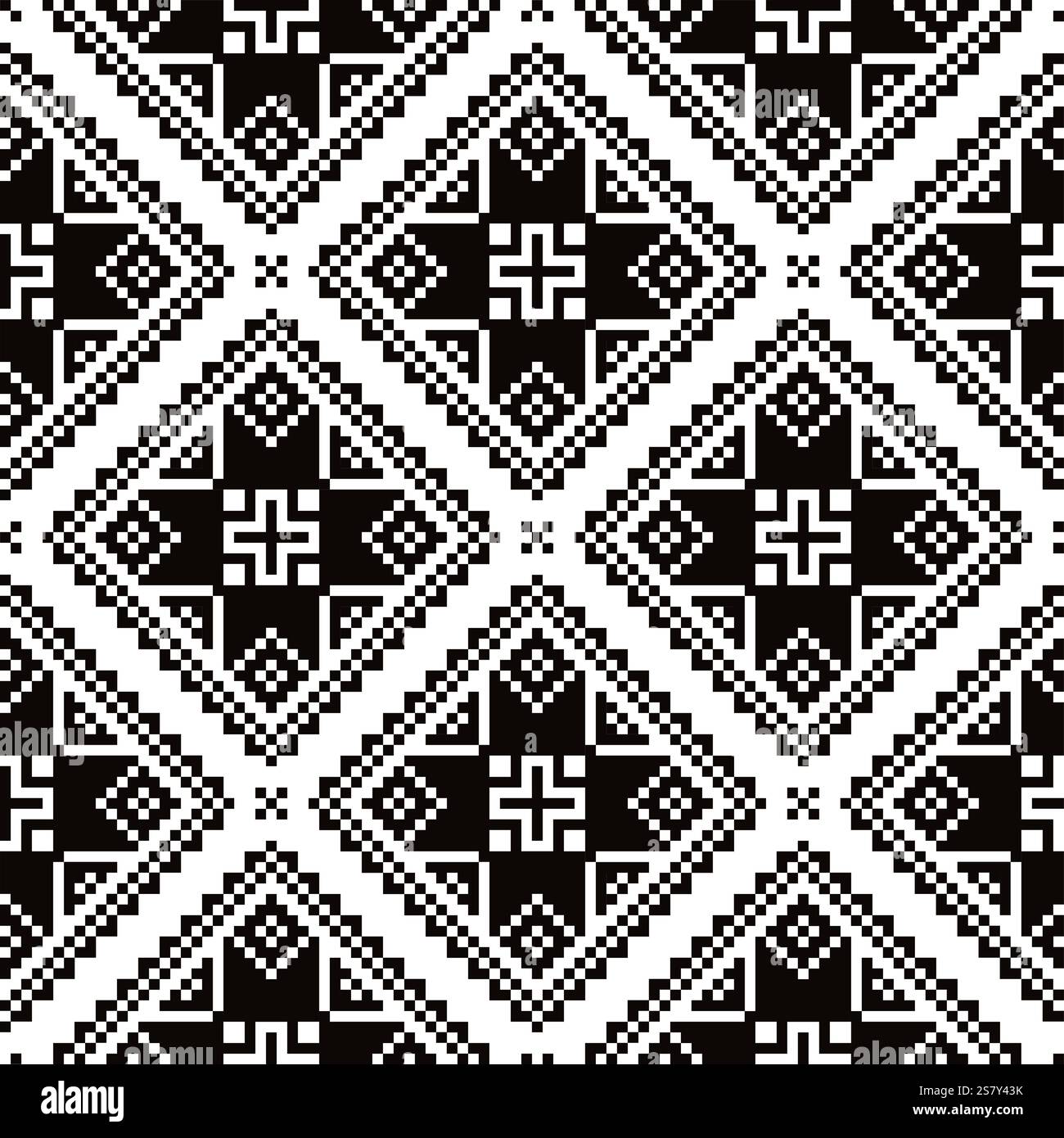 Ukrainisches, weißrussisches Volkskunstvektor nahtloses Muster, Retro monochrome lange Kreuzstich Ornament inspiriert von Volkskunst - Vyshyvanka Stock Vektor