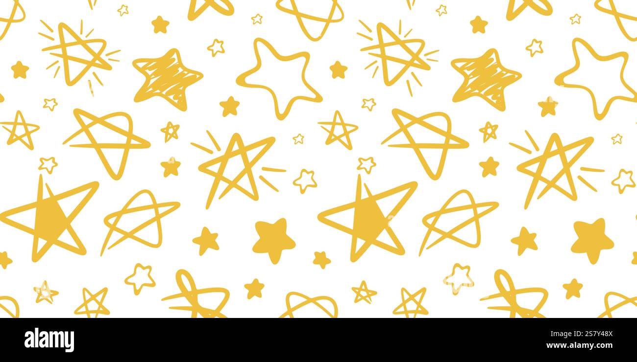 Bleistiftzeichnung von gelben Sternen nahtlosem Muster. Sterne in verschiedenen Formen und Größen im Hintergrund im Sketch-Stil. Niedlicher Pinsel mit Sternenelementen Stock Vektor