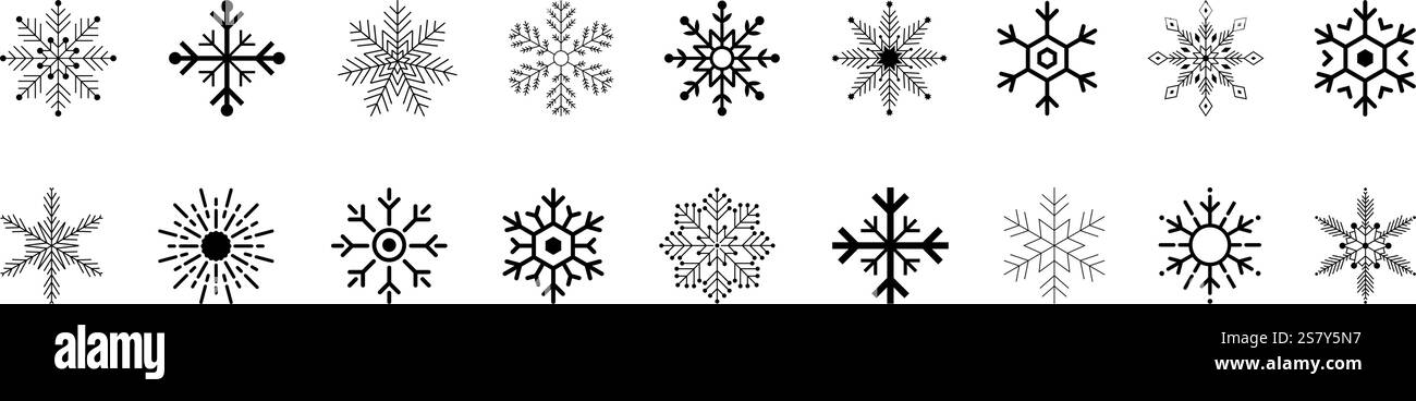 Schneeflocken, Schneeflocken Vektor Icon Pack, Schneeflocken Winter Vorlage, Satz von schwarzen Schneeflocken Ikonen, Schneeflocken Vektor Illustration Symbole für Weihnachten Stock Vektor