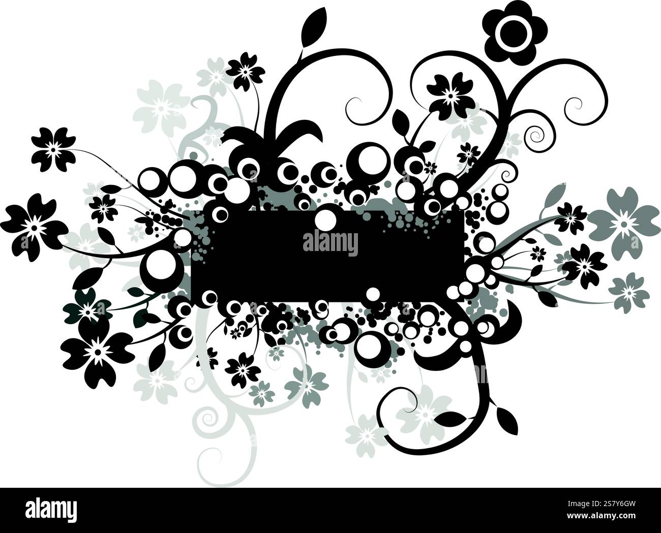 Schwarze Abstraktion mit Blumen und weißen Kreisen Stock Vektor