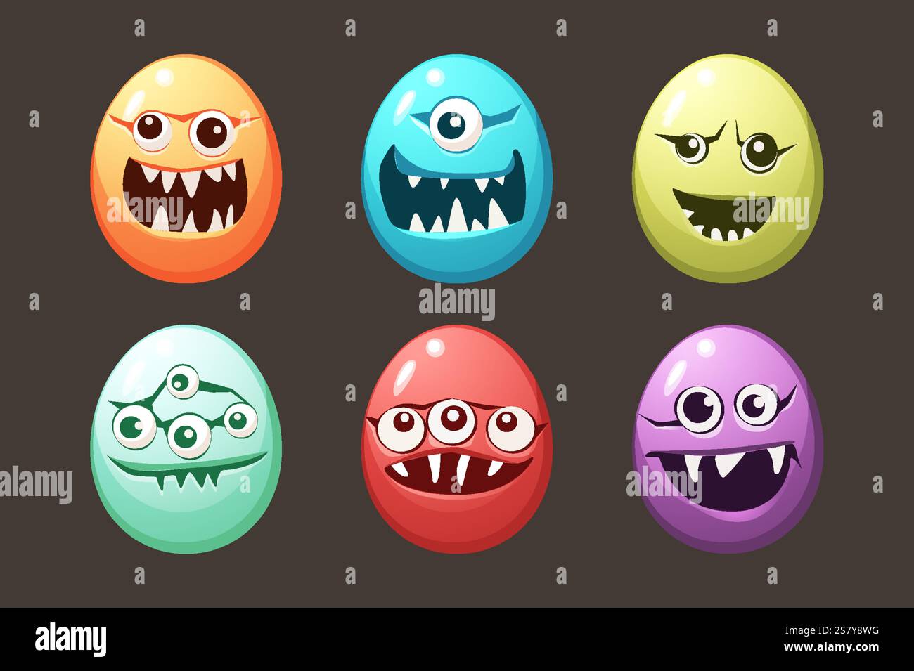 Ostermonster Eier mit süßen Gesichtern, großen Zähnen und Augen. Bunte elliptische Zeichendarstellung. Blaue, rote, zyanblaue, grüne, gelbe und lila Jungs. Stock Vektor