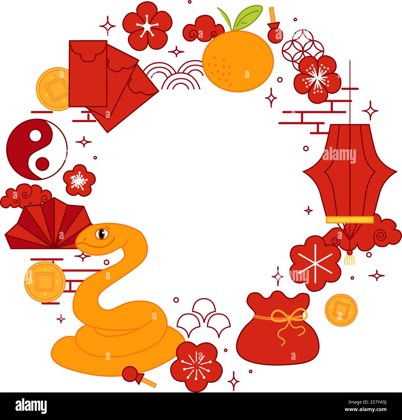Chinesisches Neujahr der Schlangenvektor-grafischen Linie runder Kreis Rahmen. Stil Banner Rahmen Scroll Board Dekoration Stock Vektor