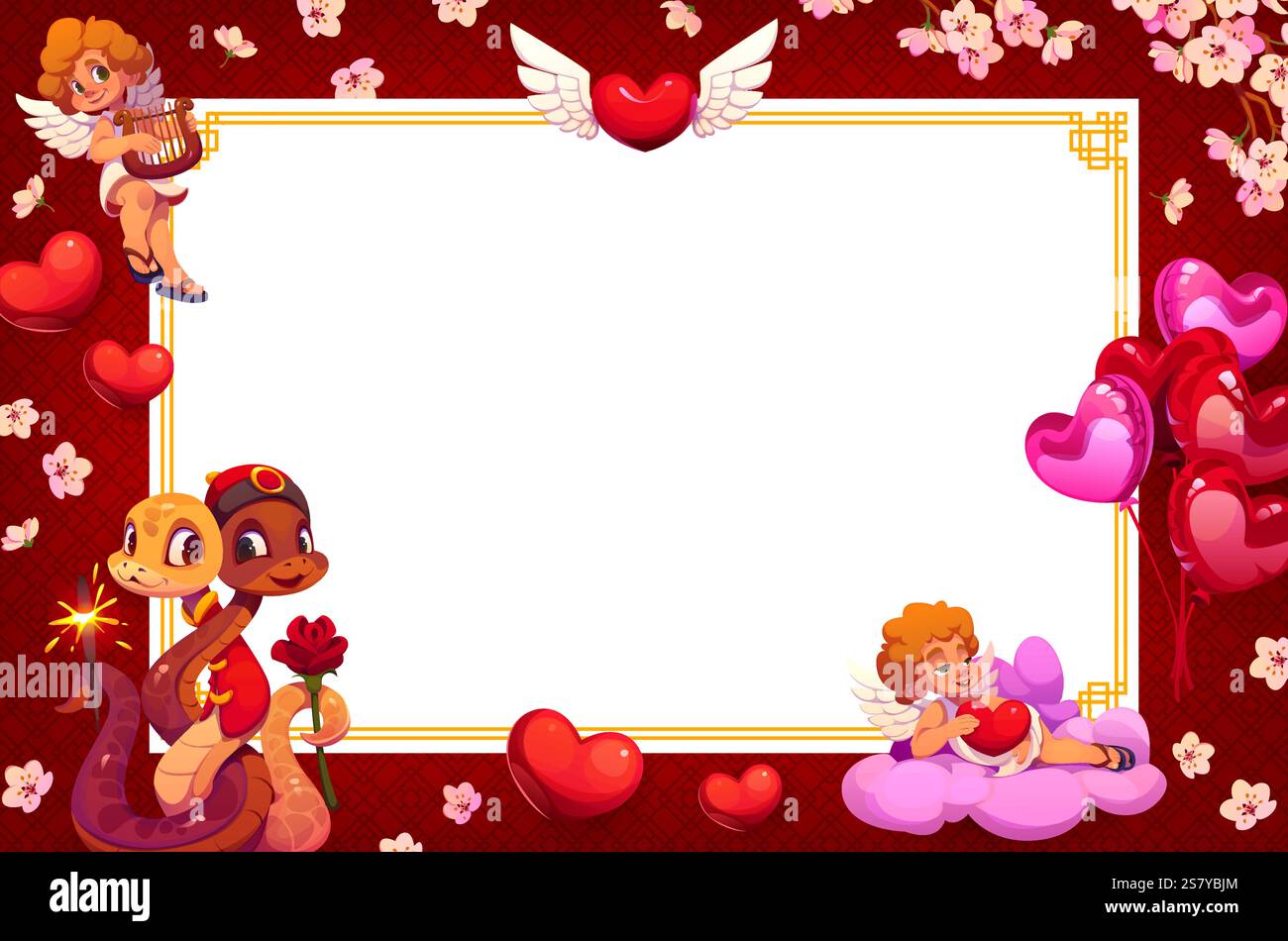 Valentinstag Banner mit Schlangen Paar, Herzen und Cherub Zeichen Vektor Hintergrund Rahmen. Comic Chinesisches Mondneujahrshoroskop Schlangen, Valen Stock Vektor