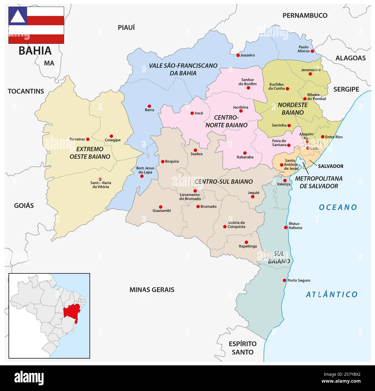 Verwaltungskarte des brasilianischen Bundesstaates Bahia Stockfoto